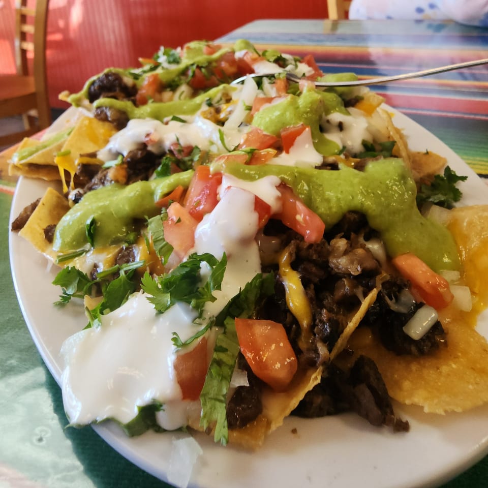Don Pancho's nachos with steak, cheese, guacamole, sour cream, tomatoes, and cilantro.
