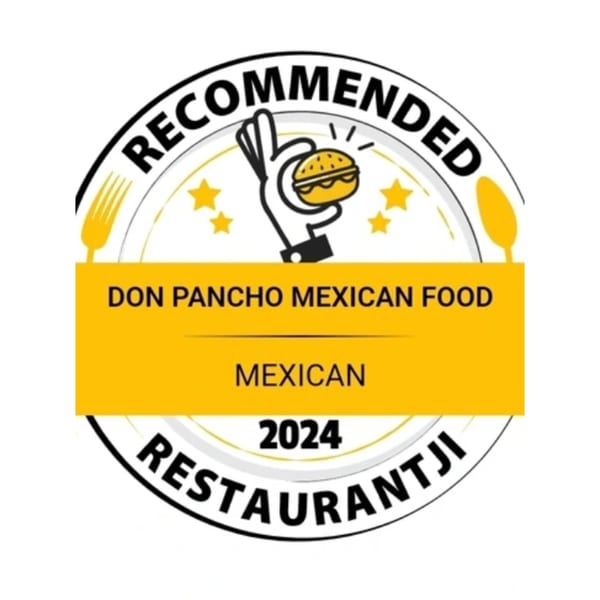 A "Recommended Restaurantji 2024" badge for Don Pancho Mexican Food, featuring a hand holding a burger.