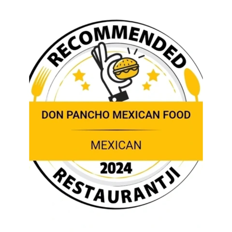 A "Recommended Restaurantji 2024" badge for Don Pancho Mexican Food, featuring a hand holding a burger.